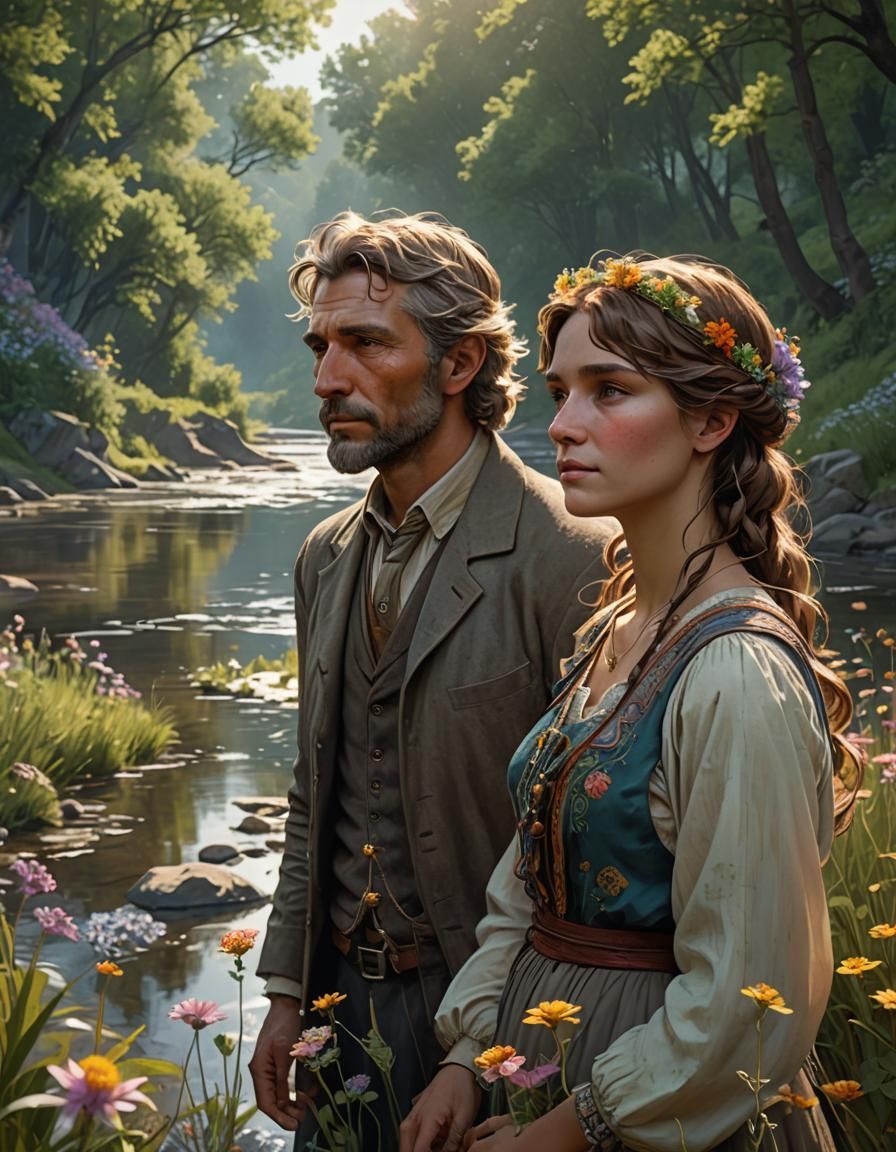 Romantic Riverbank Conversation in Art Nouveau Style