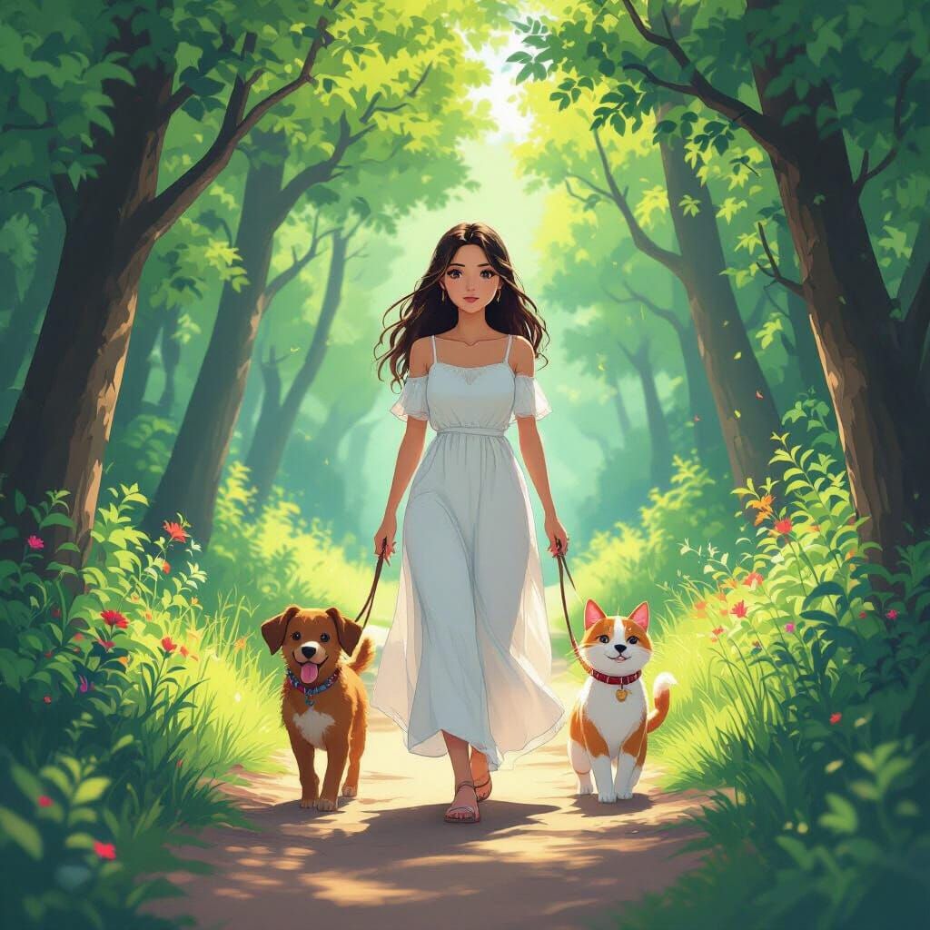 Woman, Dog, and Cat on Forest Path in Manga Style