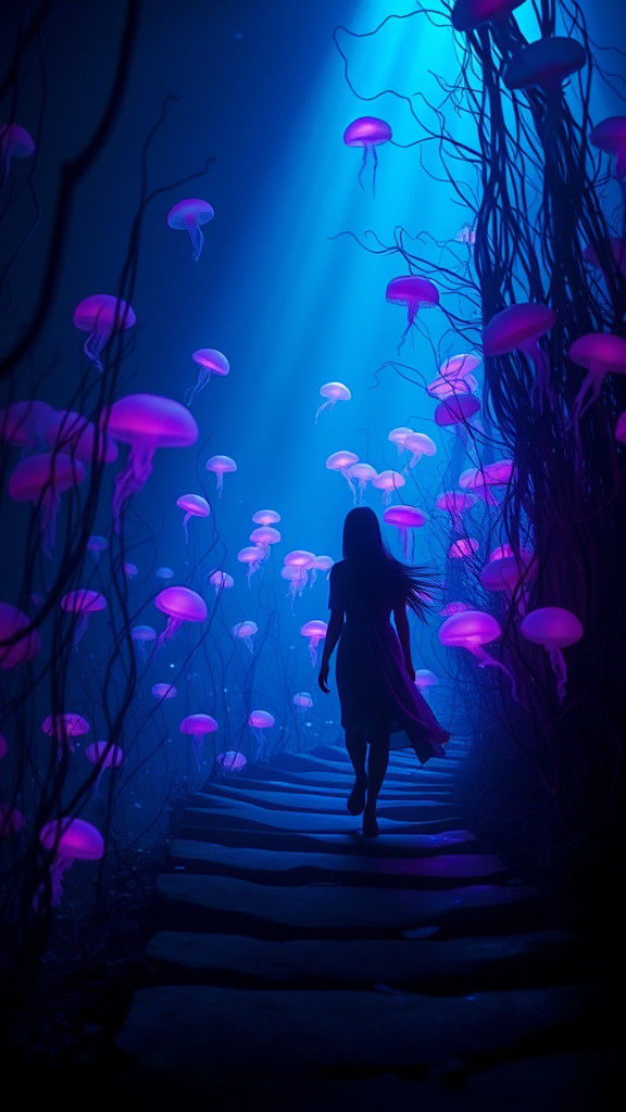 Mystical Underwater Scene with Bioluminescent Jellyfish