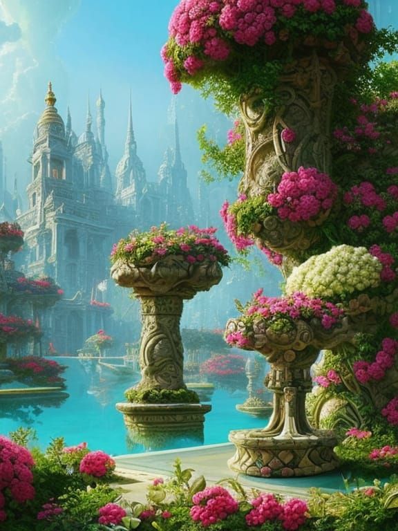 Ornate Marble Roses Still Life with Crystal Pond