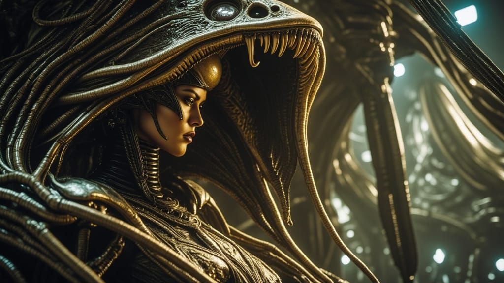 Xenomouth View of Alien Family Portrait in Biopunk Style