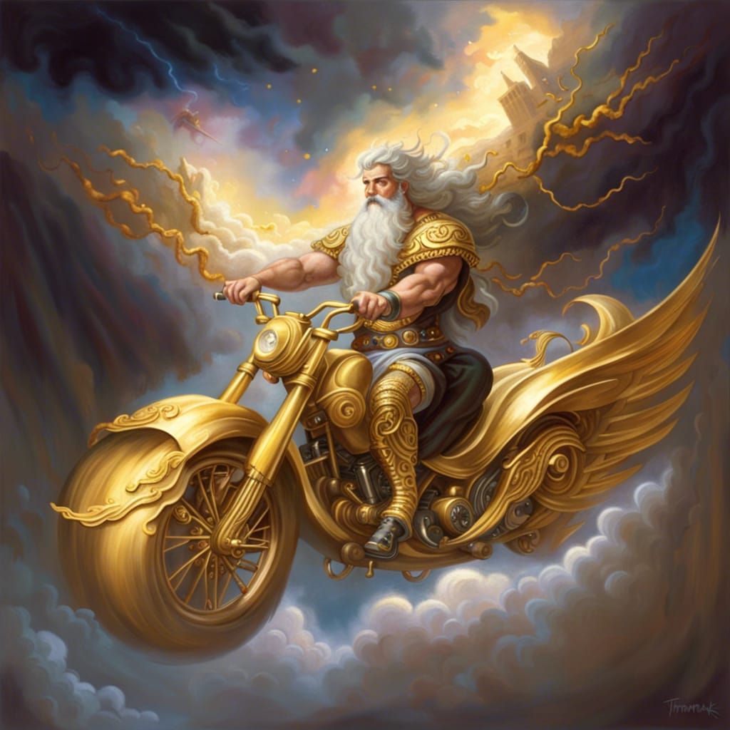 Zeus Rides Golden Motorcycle in Ethereal Fantasy Art