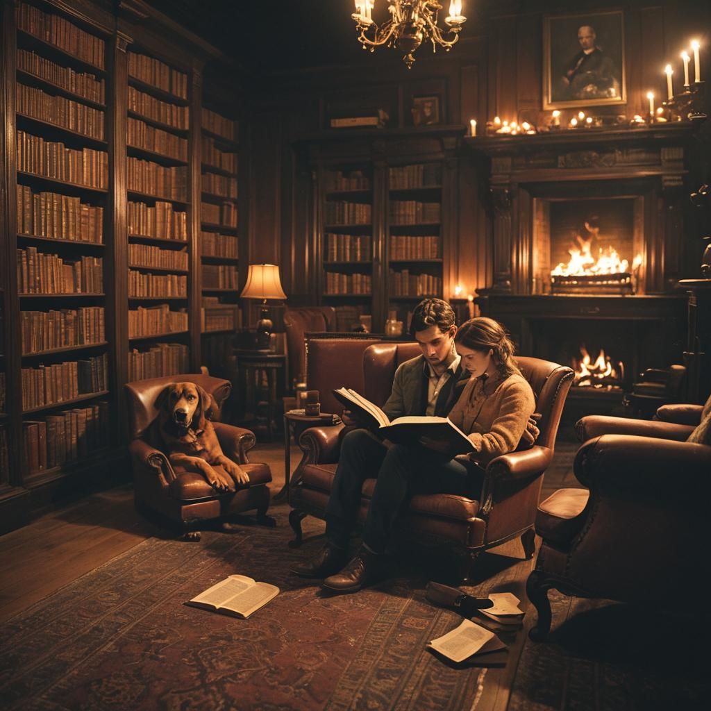 Victorian Library Scene with Reader and Child