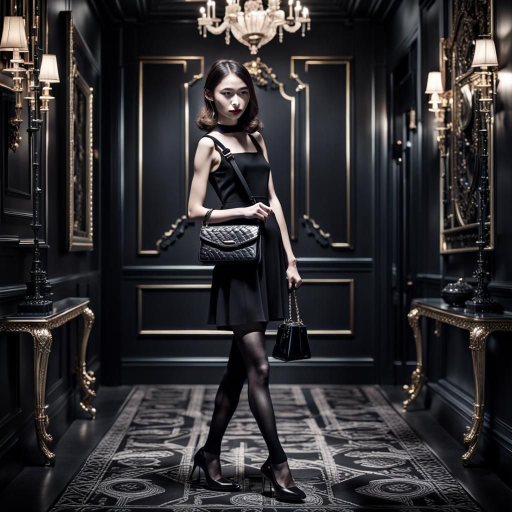 Elegant Woman in Black Dress: Hyperrealistic Image