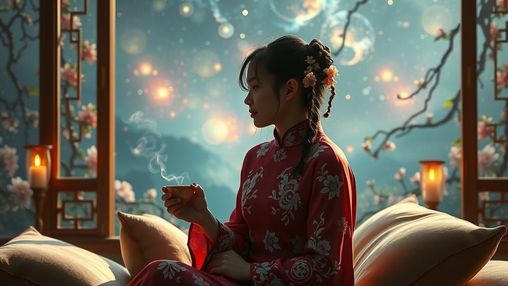 Mystical Woman Contemplating Cosmic Landscape