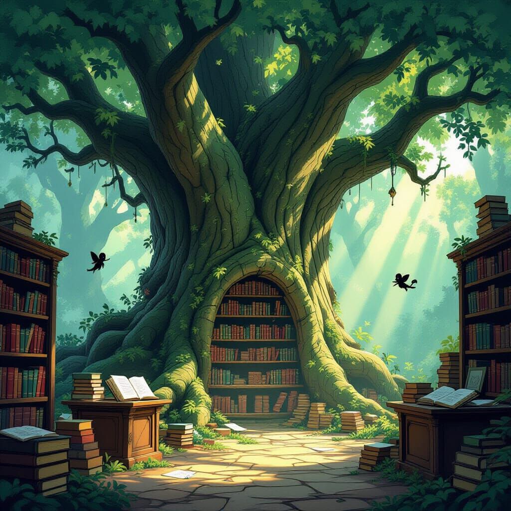 Enchanted Forest Library in Giant Tree, Fantasy Illustration