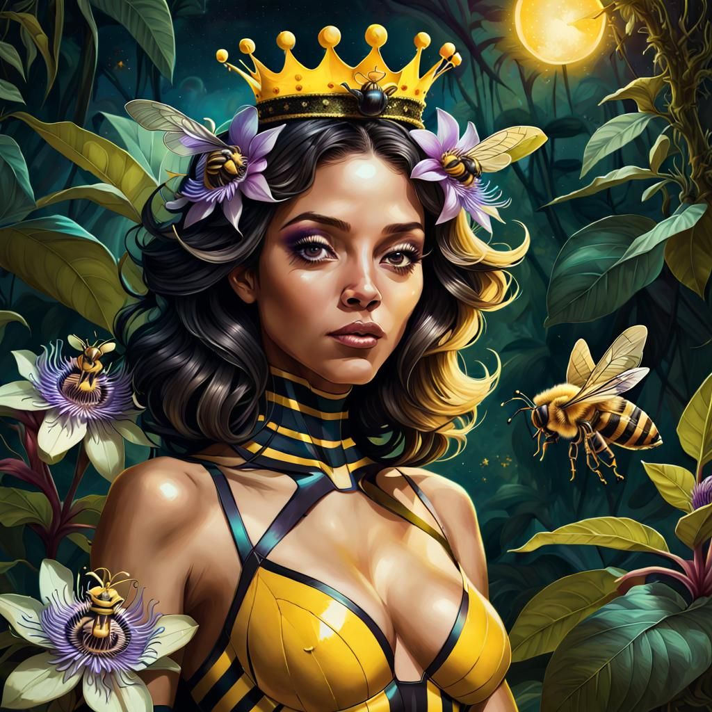 Queen Bee on Tropical Flower, Fantasy Digital Art