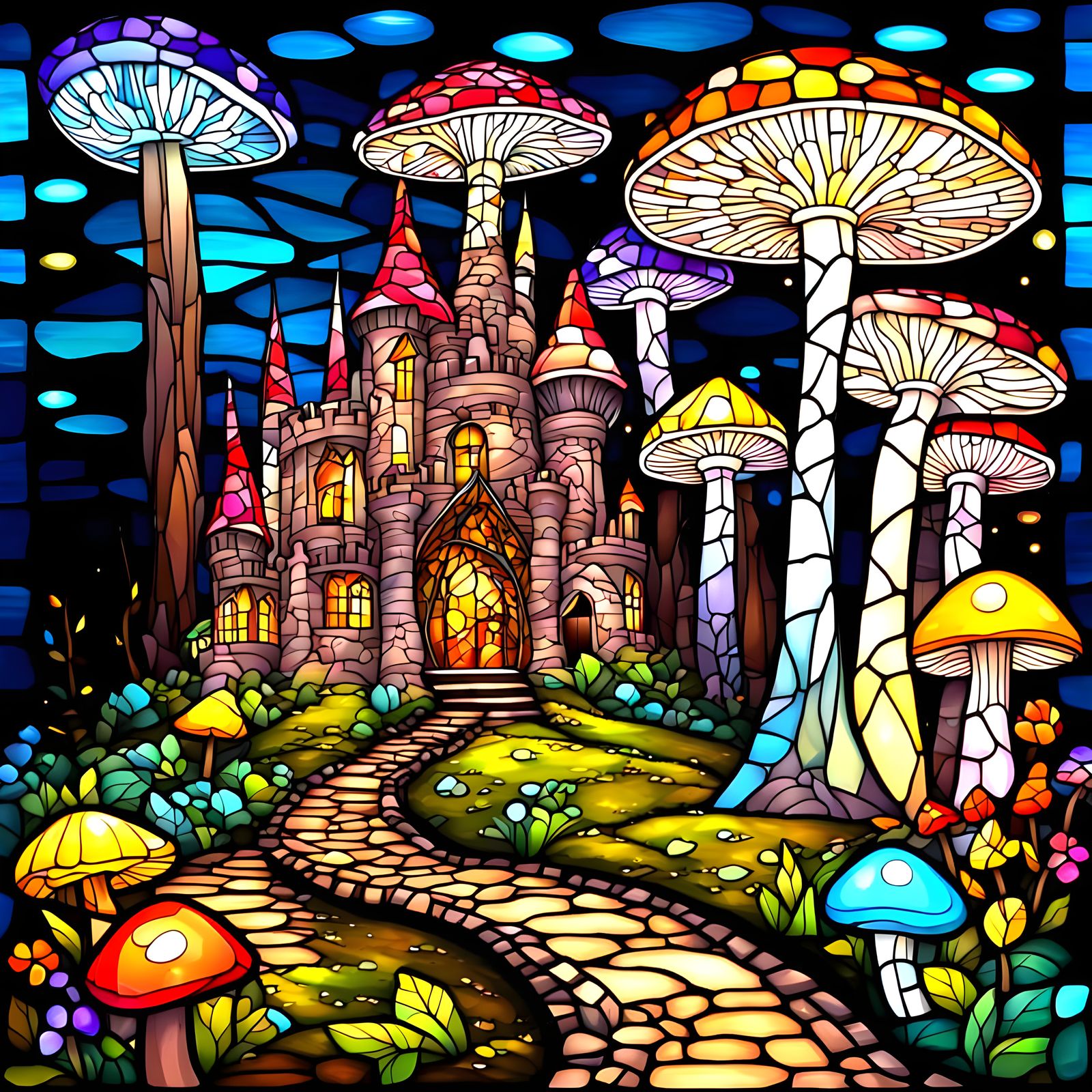 Path, Colorful beautiful stained glass fairy castle in the middle of a stained glass mushroom forest