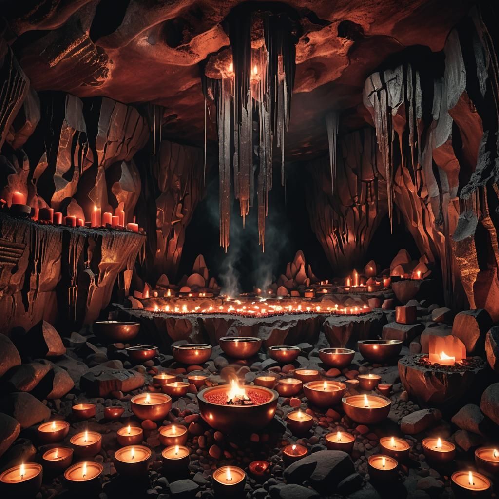 Mystical Crystal Bowls in a Dark Red Cavern