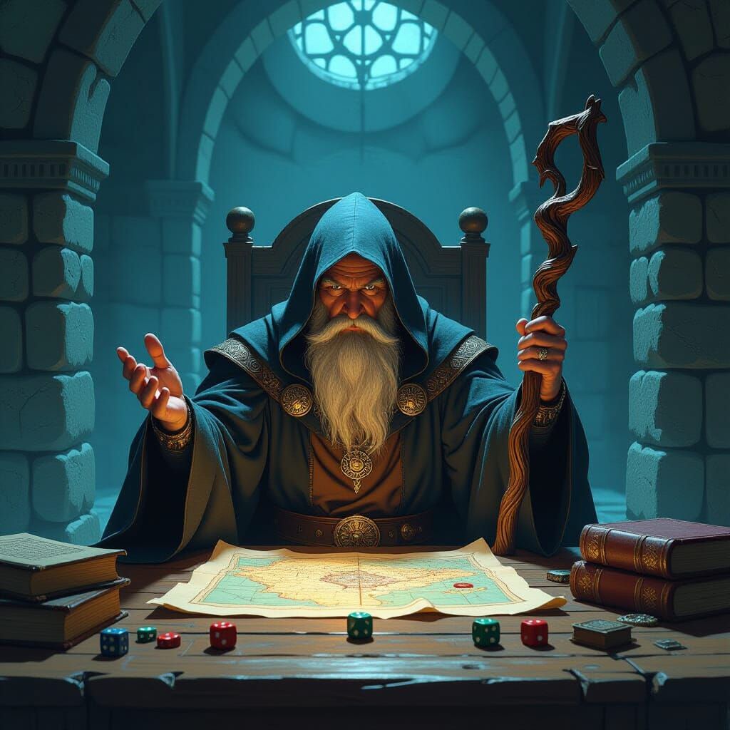Wise Dungeon Master in Fantasy Illustration Style