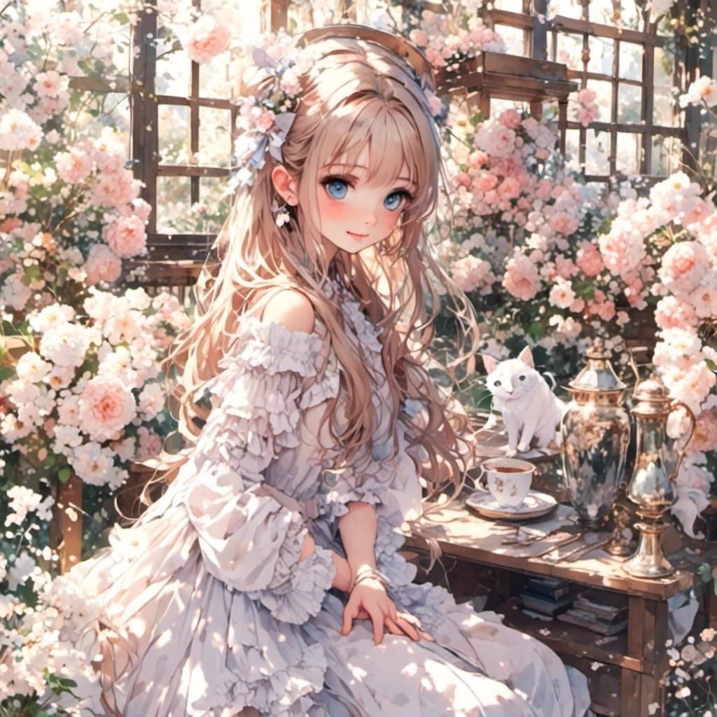 Anime Girl with Red Hair and Mountain View