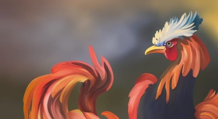 Rooster with Blue Crest in Gouache Watercolor Style