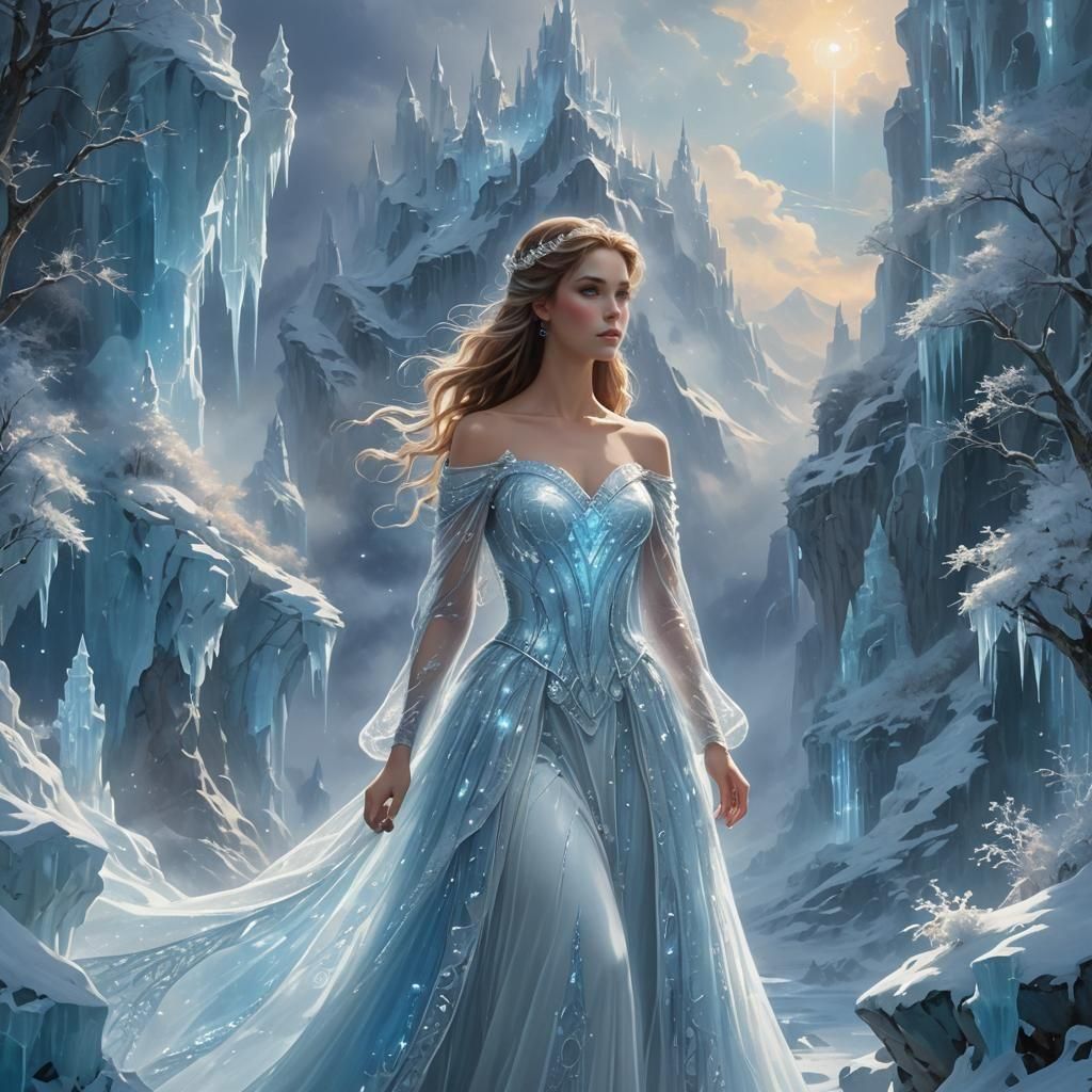 Ethereal Ice Princess in Fantasy Landscape