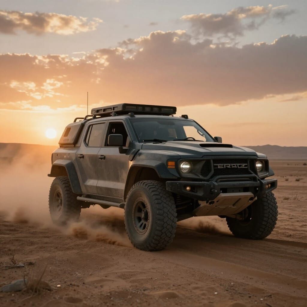 Armored Off-Road Car in Desert Wasteland at Sunset