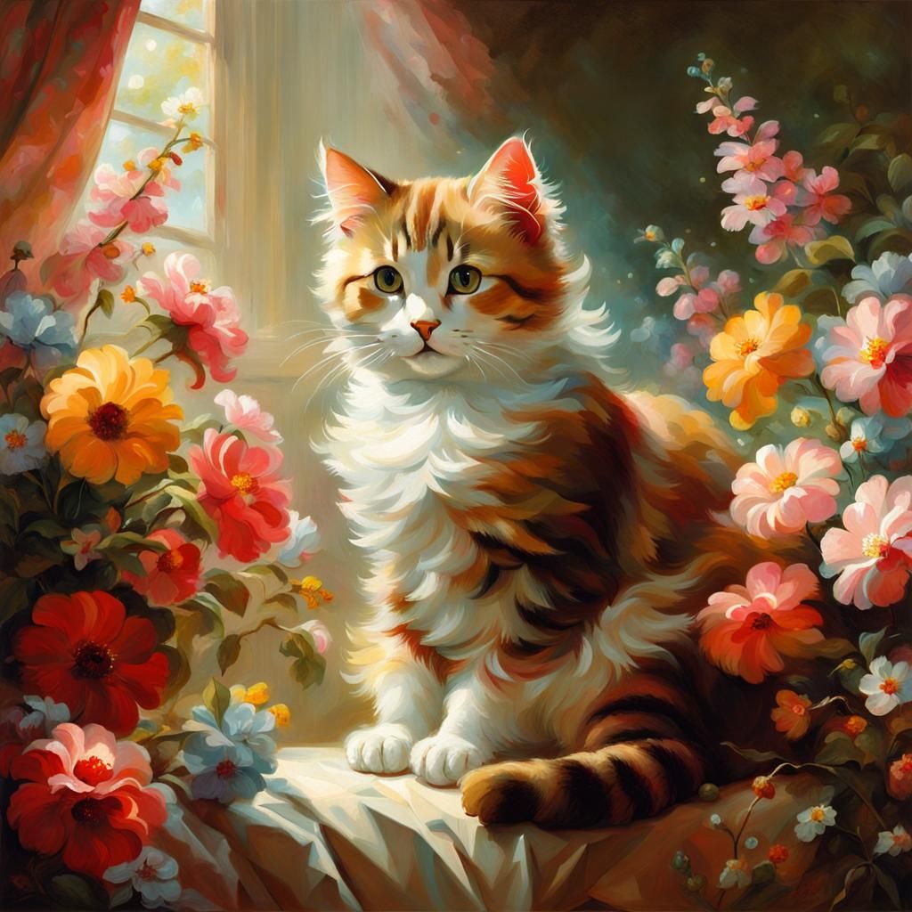 Cute Cat in Rococo Garden, Fragonard Style