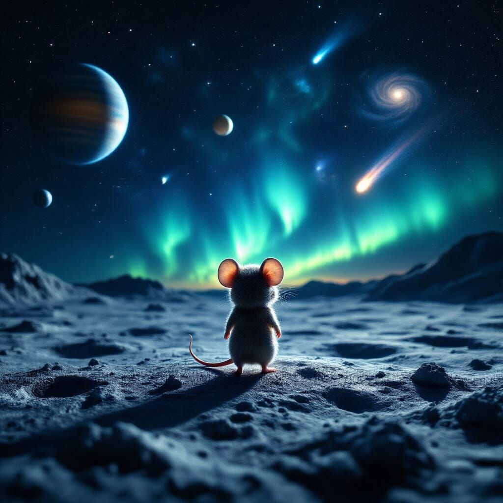 Chibi Mouse on Moon Surface Under Aurora