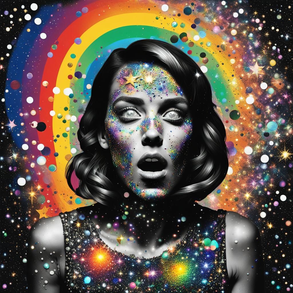 Woman Vomiting Rainbows and Stardust in Monochrome