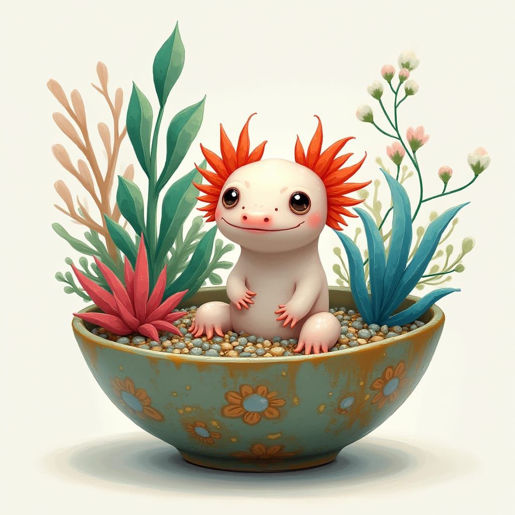 Whimsical Axolotl in a Delicate Ceramic Bowl