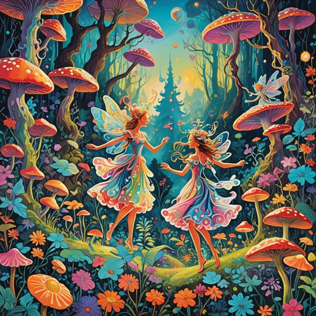 Psychedelic Fairies Dancing in Whimsical Forest Art