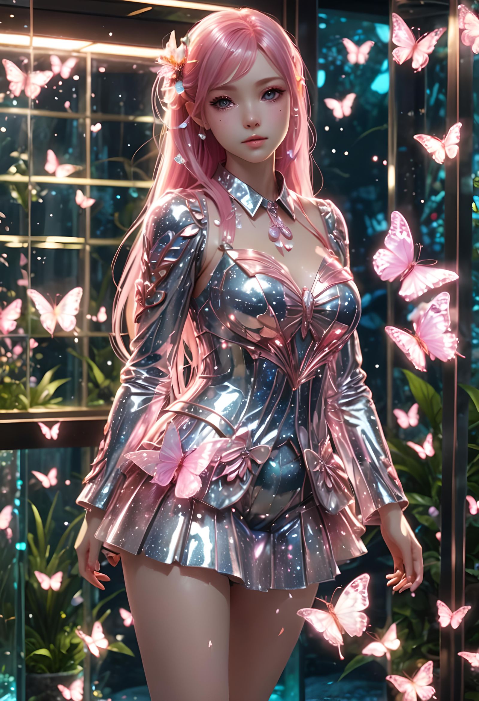 Anime Girl with Pink Hair in Crystal Dress