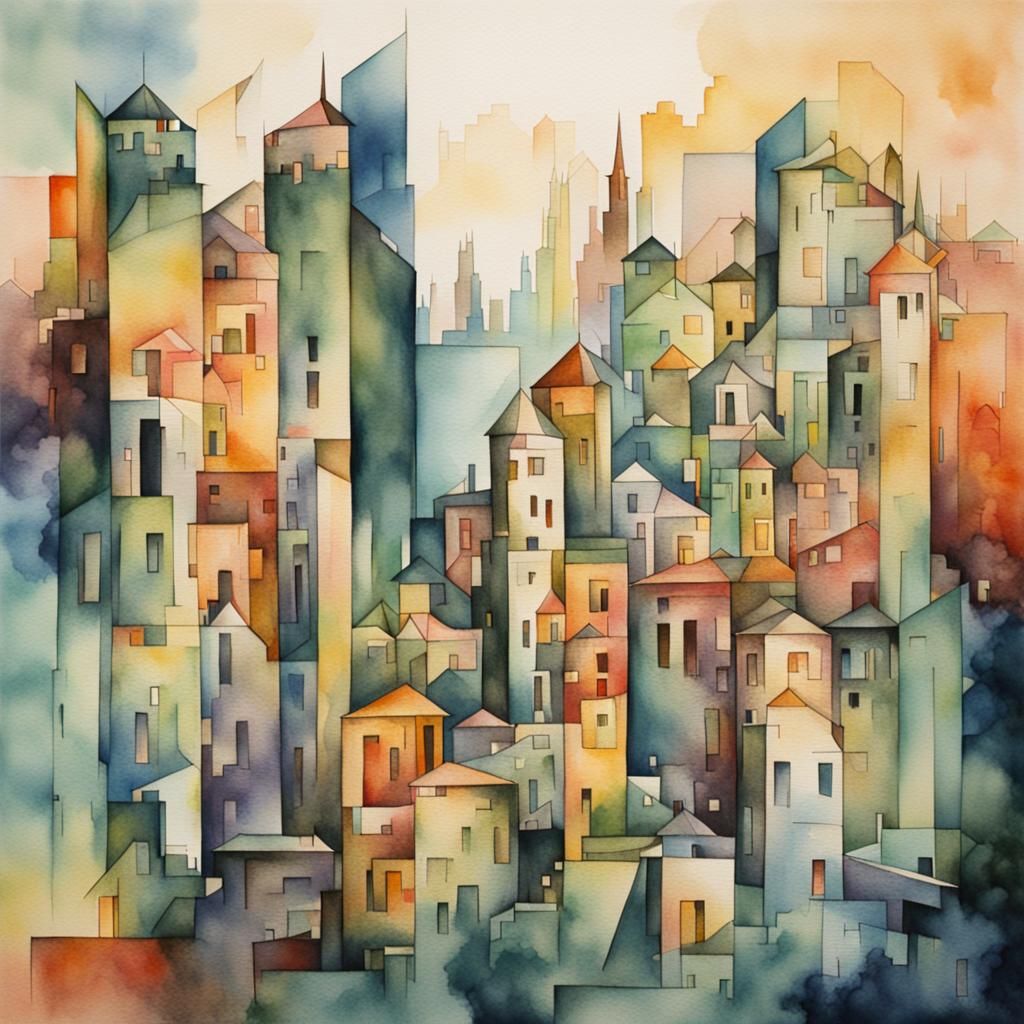 Cubist Cityscape in Soft Watercolor