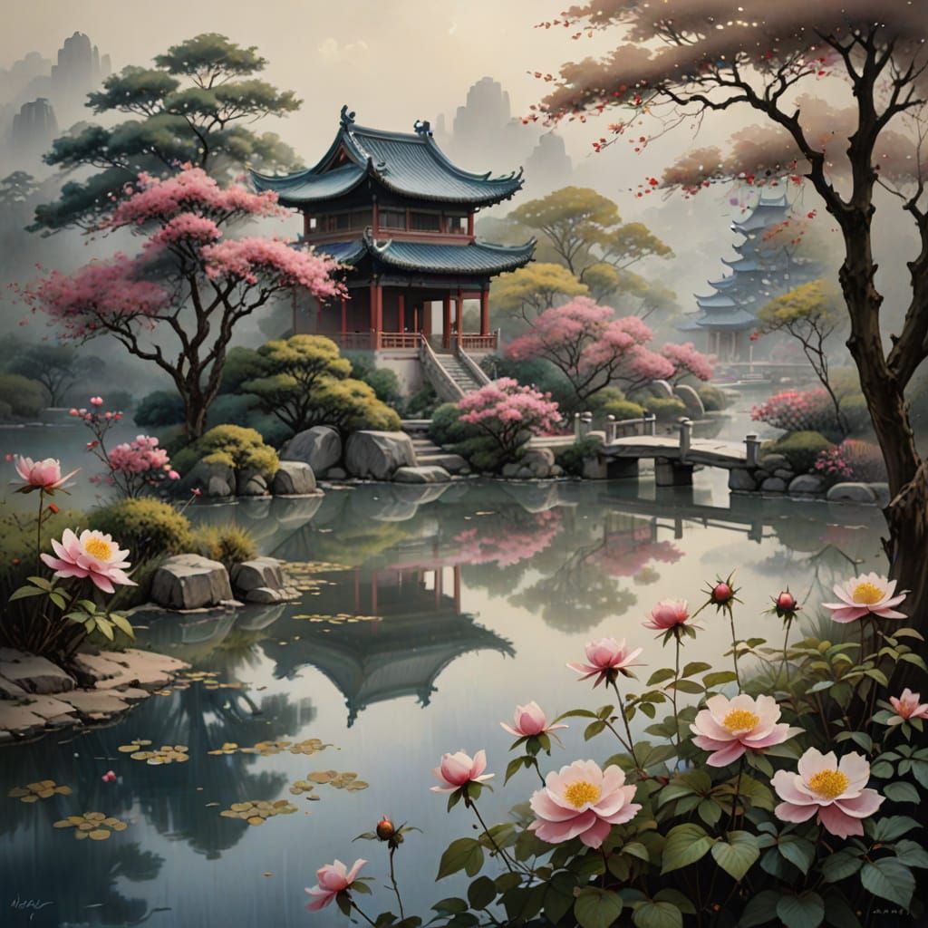 Dreamy Chinese Garden Scene in Soft Focus, Sfumato Style