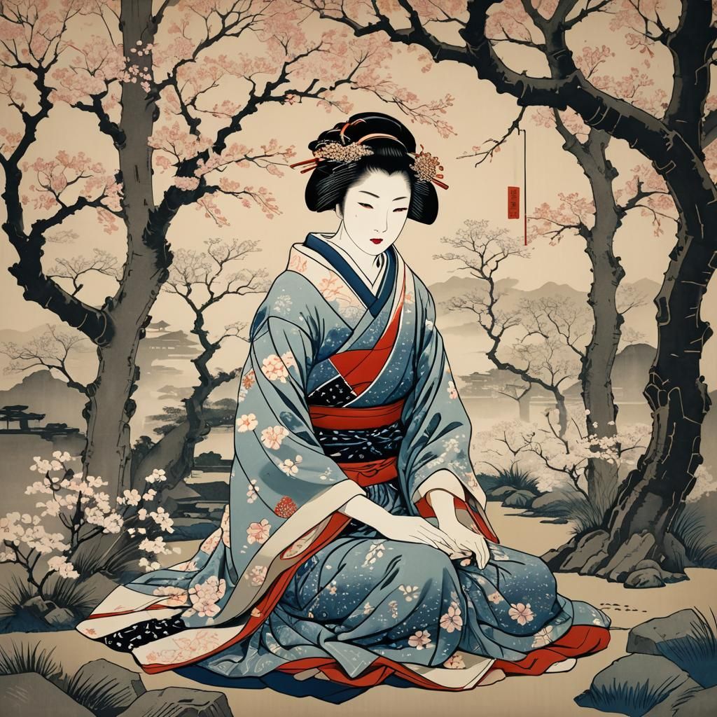 Serene Geisha in Ukiyo-e Japanese Garden