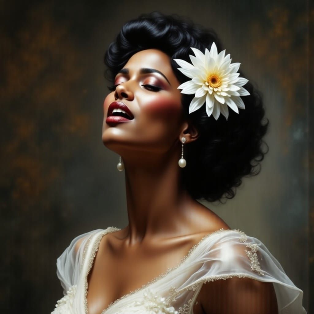 Billie Holiday Portrait with White Dahlia, Classic Hollywood