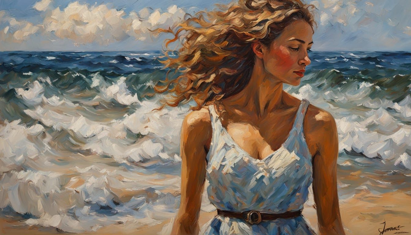 Woman at Beach in Vibrant Impasto Oil Painting