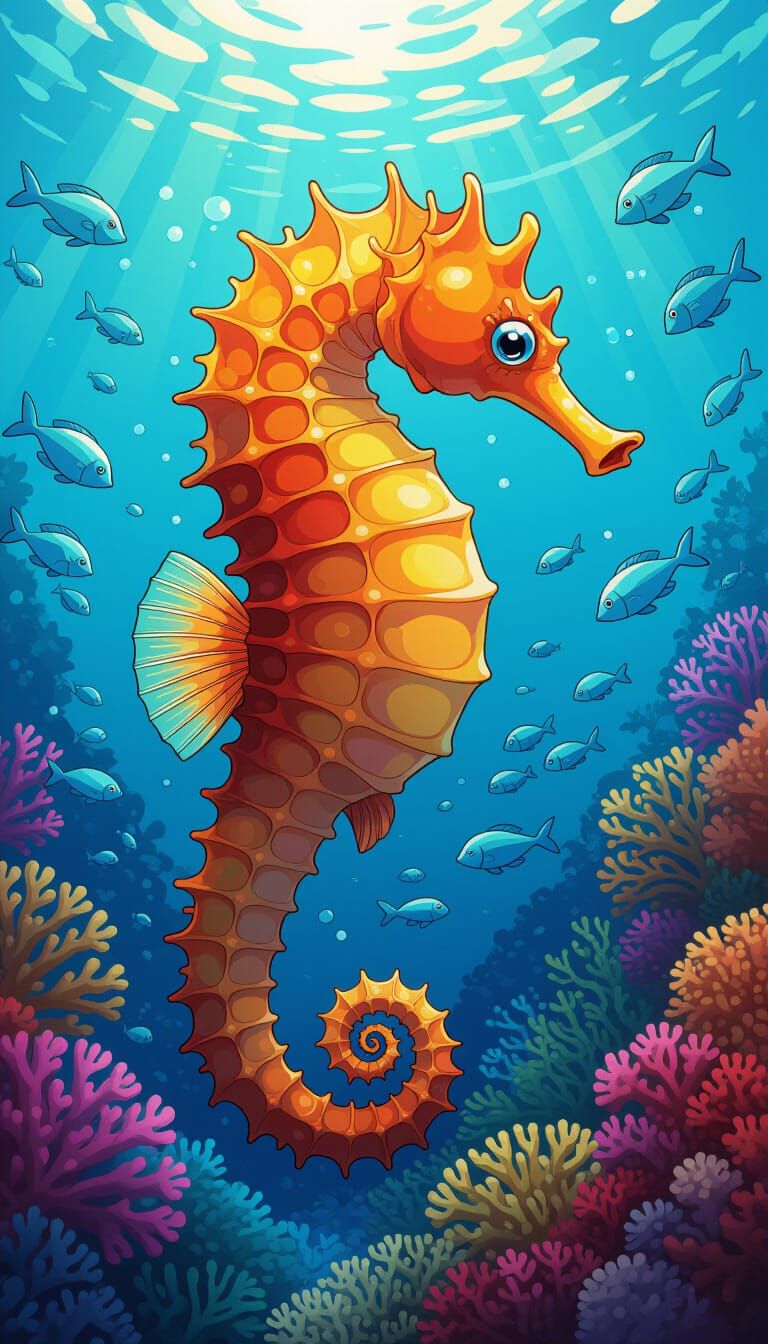 Vibrant Seahorse in Detailed Anime Style