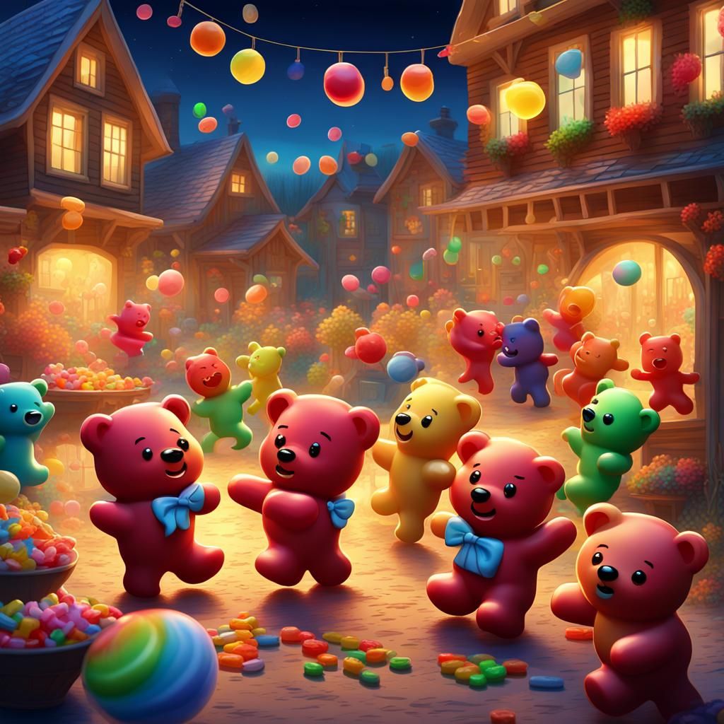 Candy Village: Gummy Bears Dancing in Digital Art