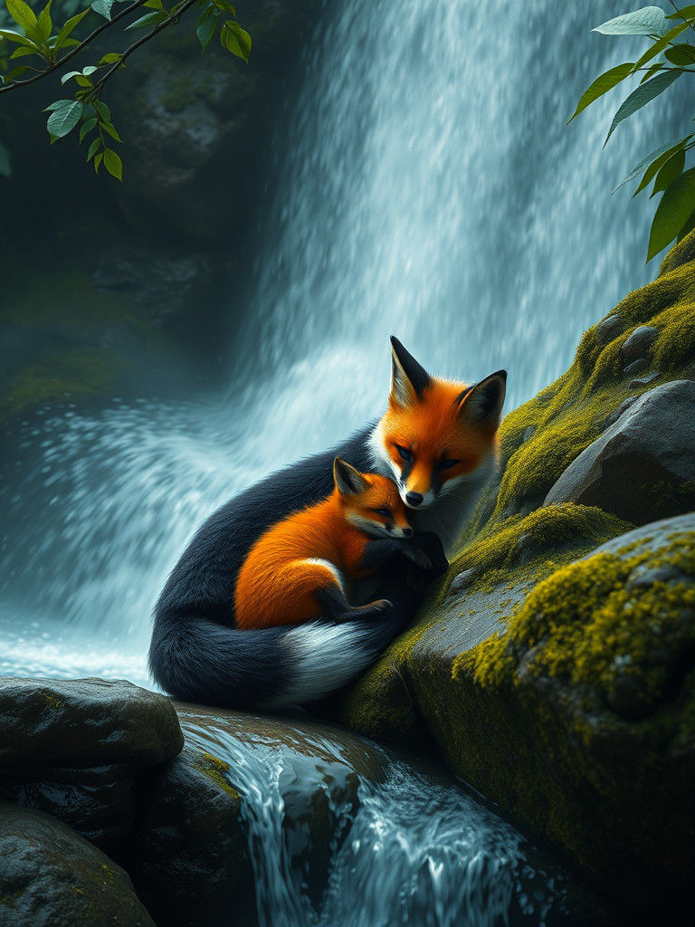 Fox Family Waterfall Scene in Matte Painting Style