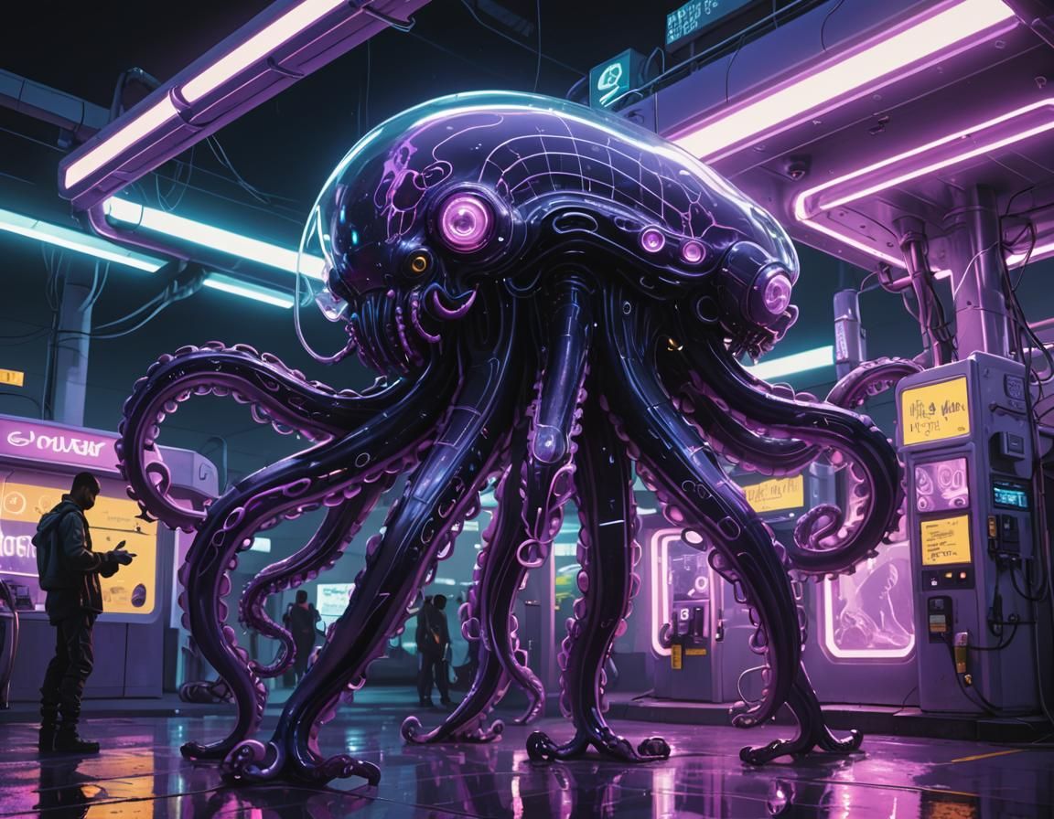 Surreal Cyberpunk Android Refuels at Futuristic Gas Station