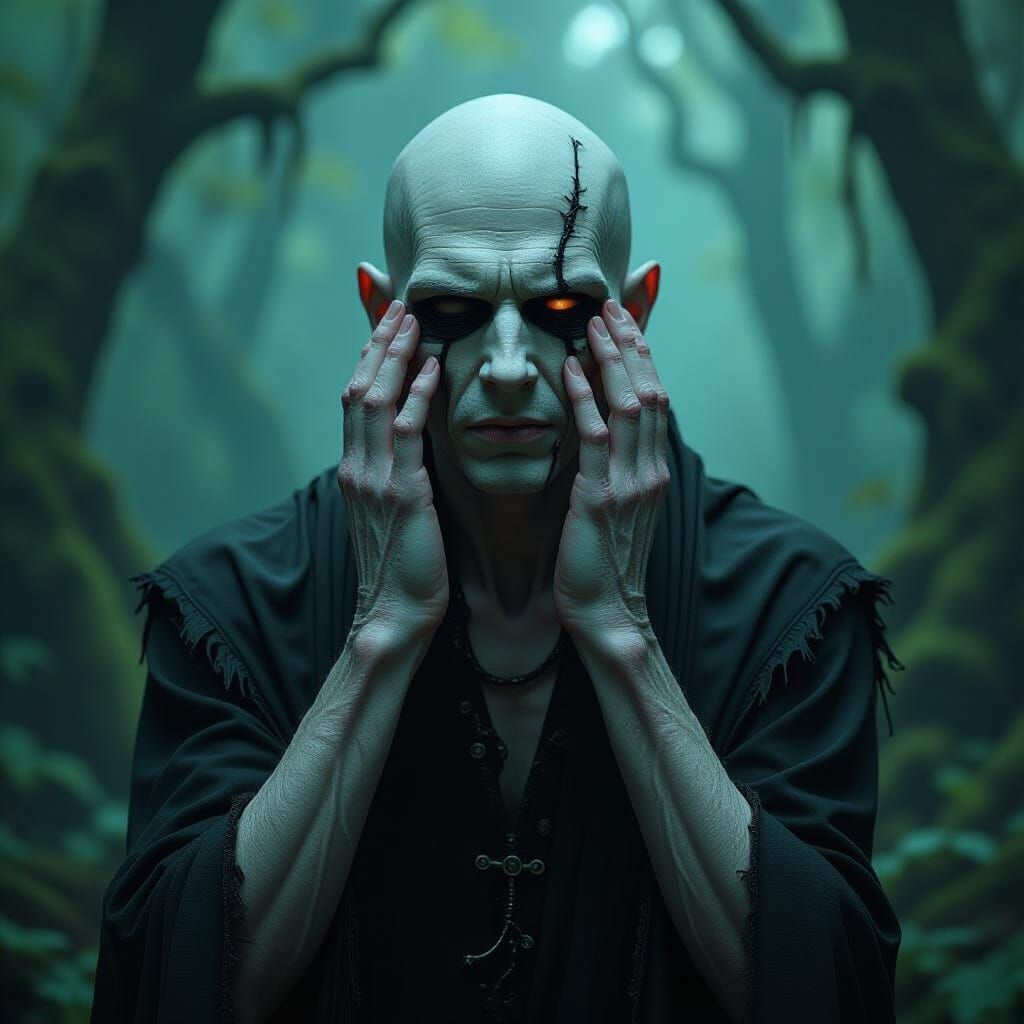 Gaunt Creature With Sewn Eyes in Dark Fantasy Forest