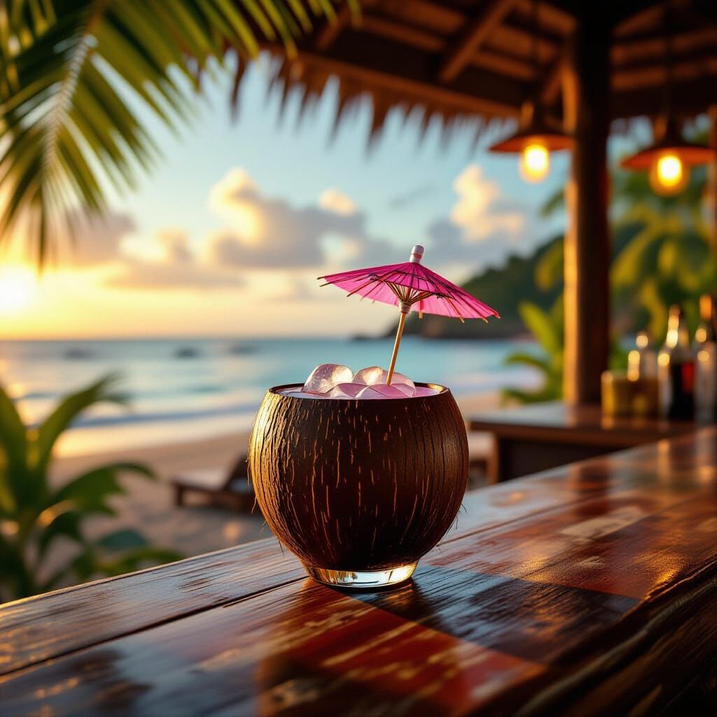 Vibrant Coconut Cocktail on a Tropical Beach Bar