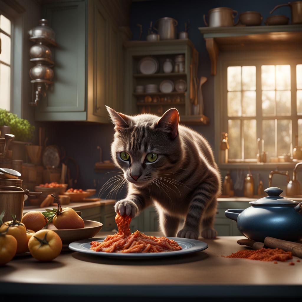 Cat Burglar Steals Food: Detailed Matte Painting
