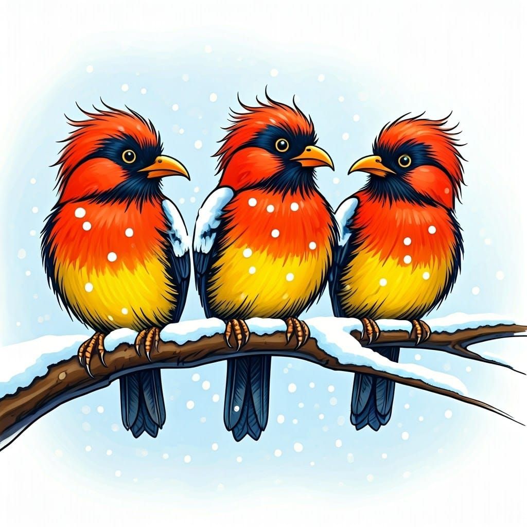 Vibrant Birds Perched on a Bare Branch in Snow