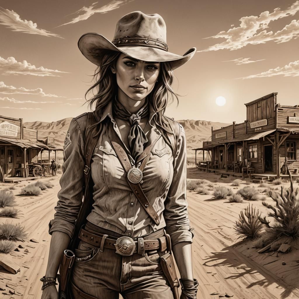 Female Gunslinger in Wild West Charcoal Drawing