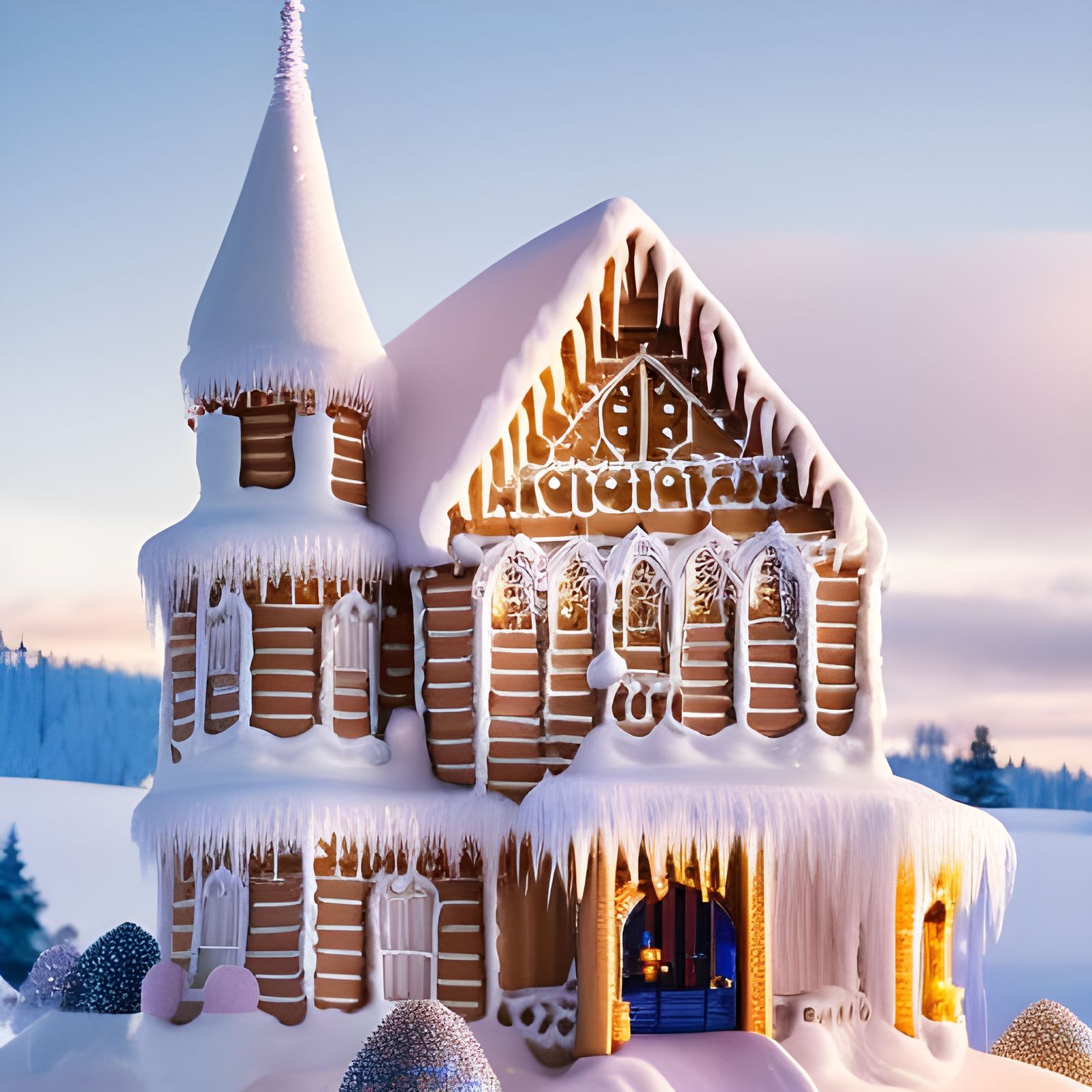 Gingerbread Castle on Snowy Mountain at Night