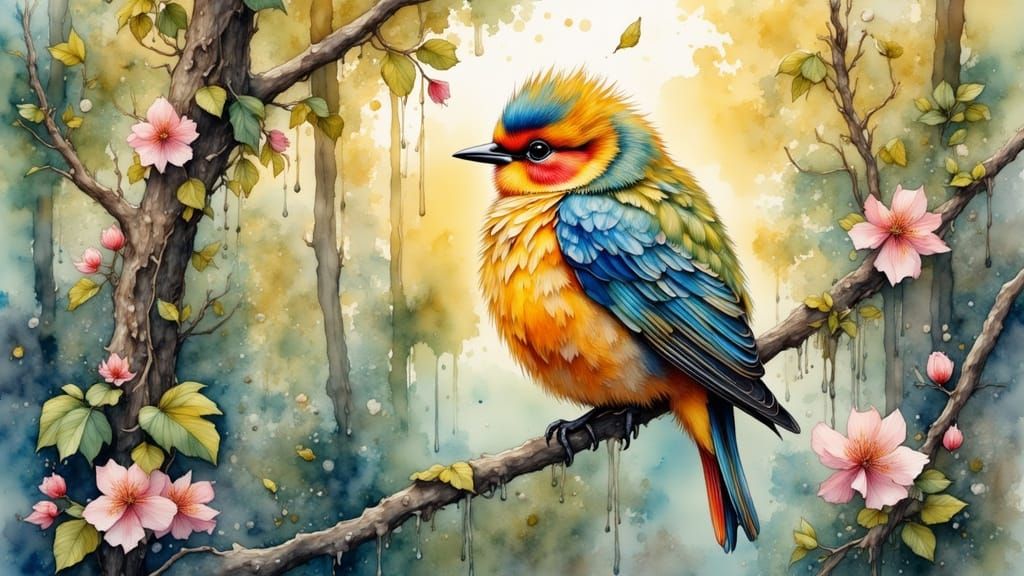 Bird Perched in a Vibrant Tree Landscape