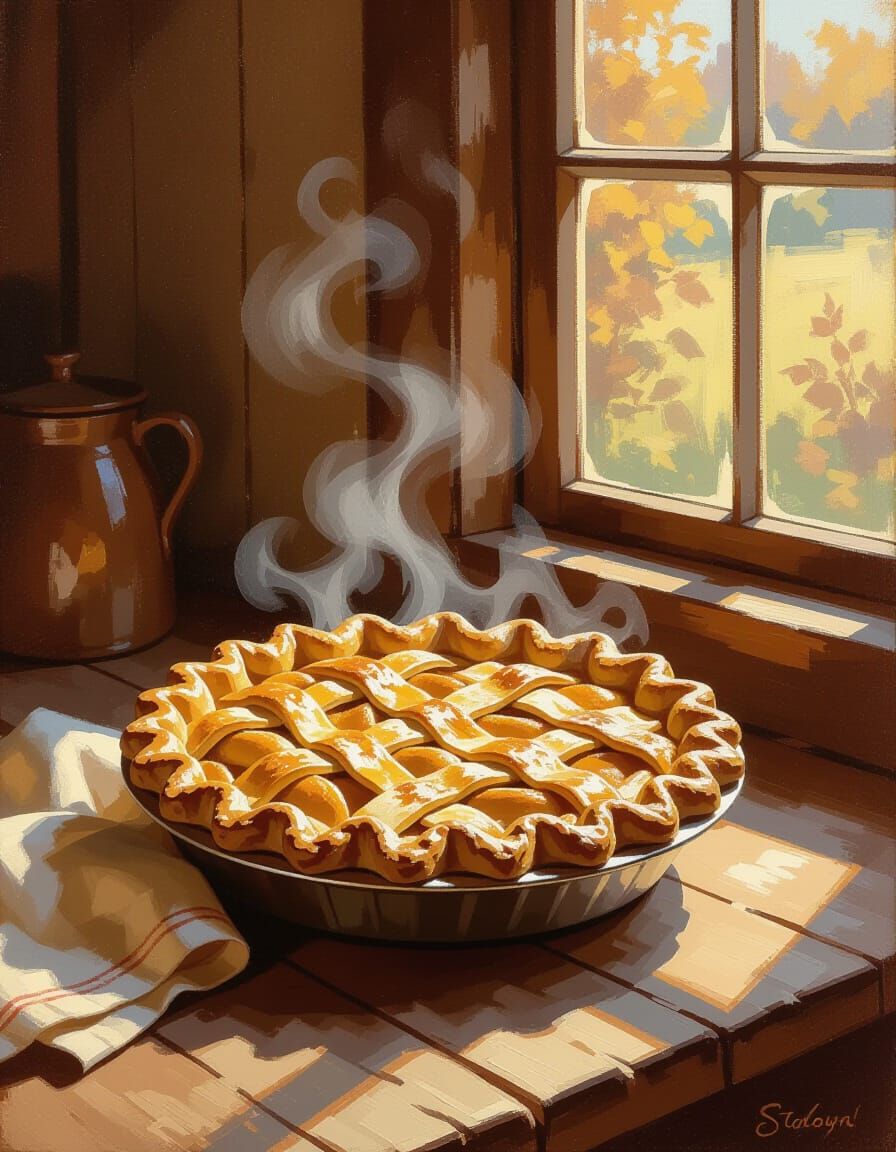 Warm Apple Pie with Lattice Crust in Oil Painting Style
