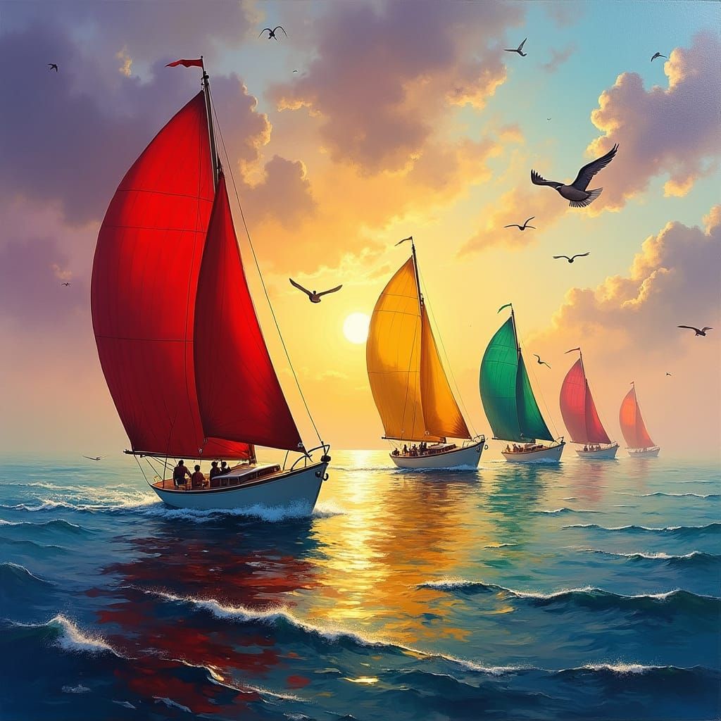 Sailboats on Shimmering Sea in Impressionist Style