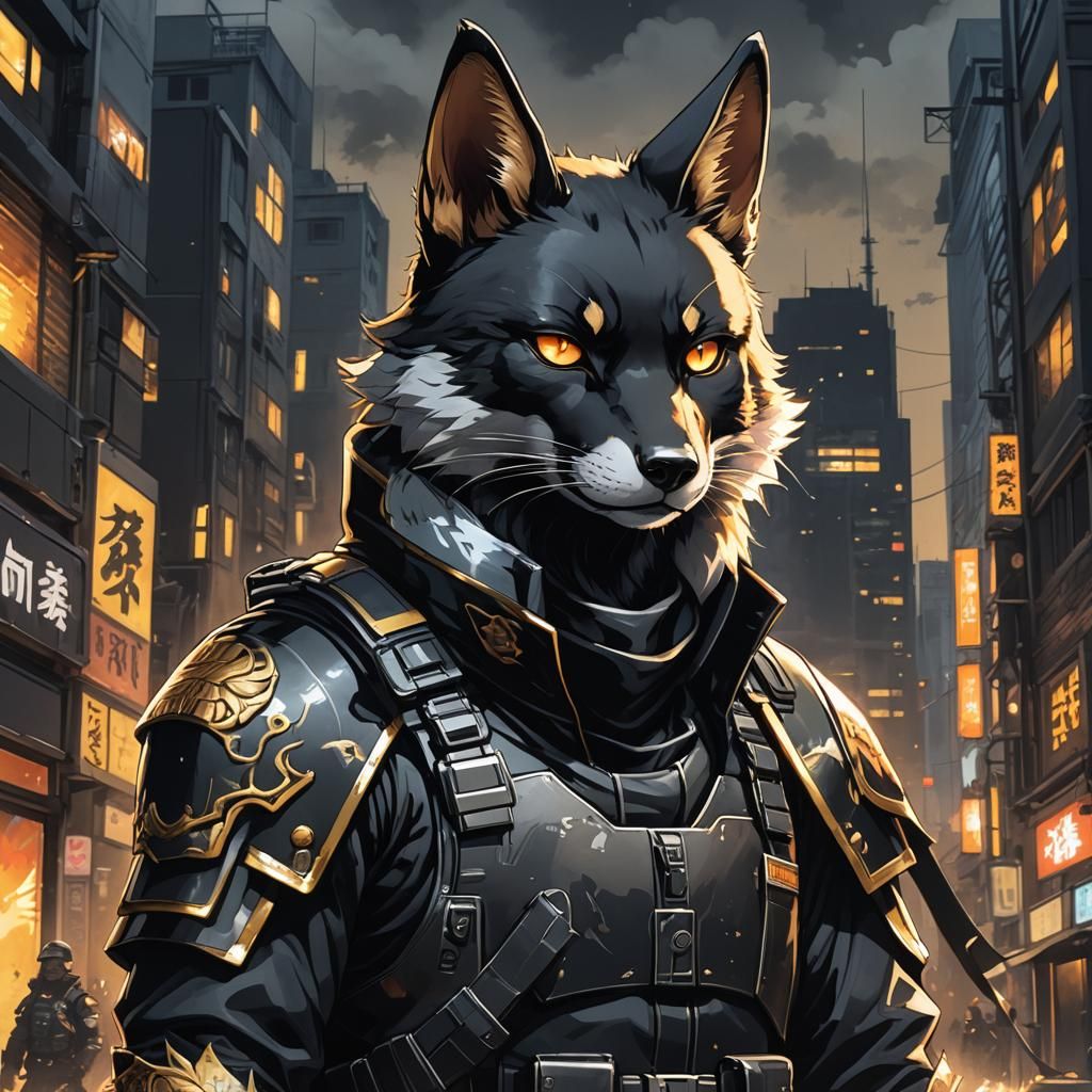 Black Kitsune in Military Attire: Manga Anime Style