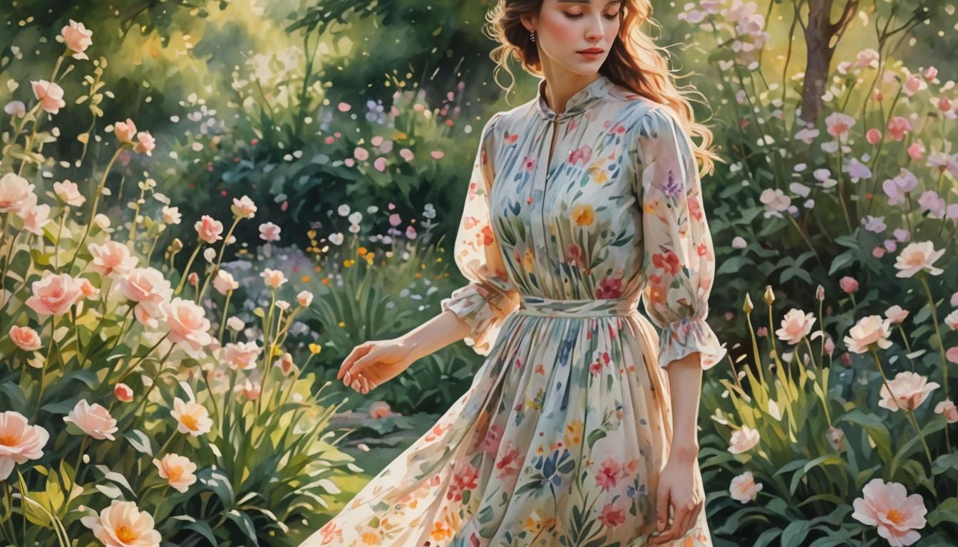 Woman in Garden: Impressionist Watercolor Floral
