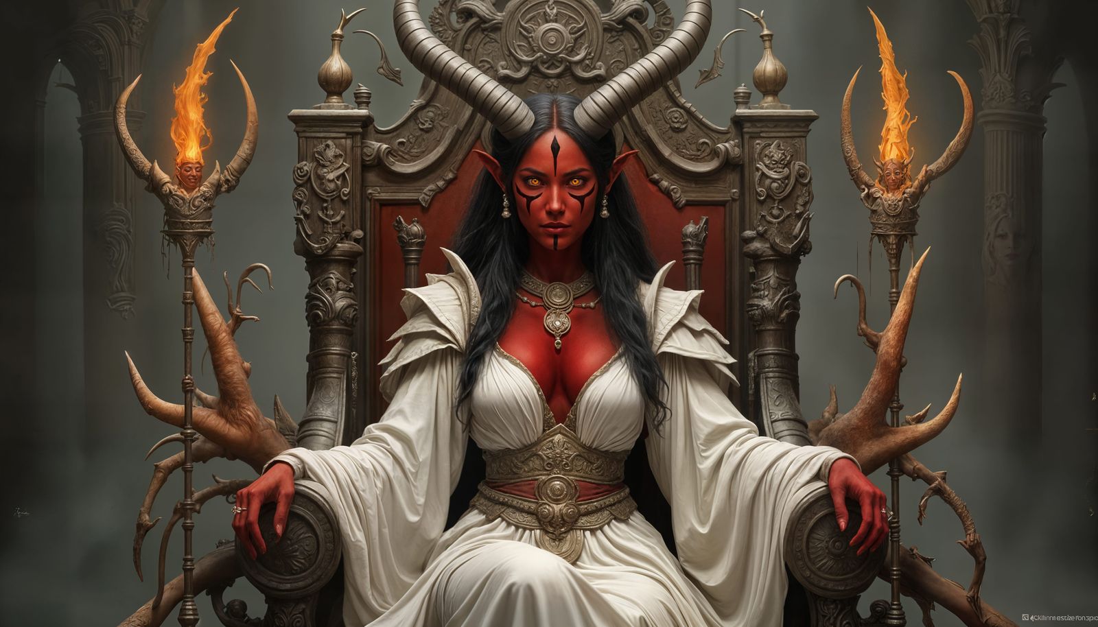 Red Skinned Tiefling Woman in Silk Robe on Bone Throne