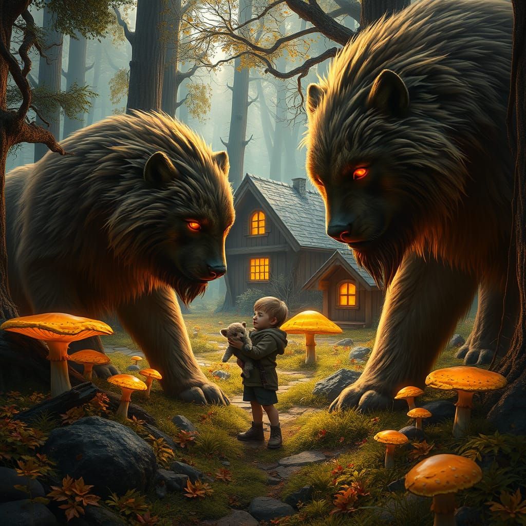 Mystical Forest Encounter in Earthy Tones with Majestic Fenr...