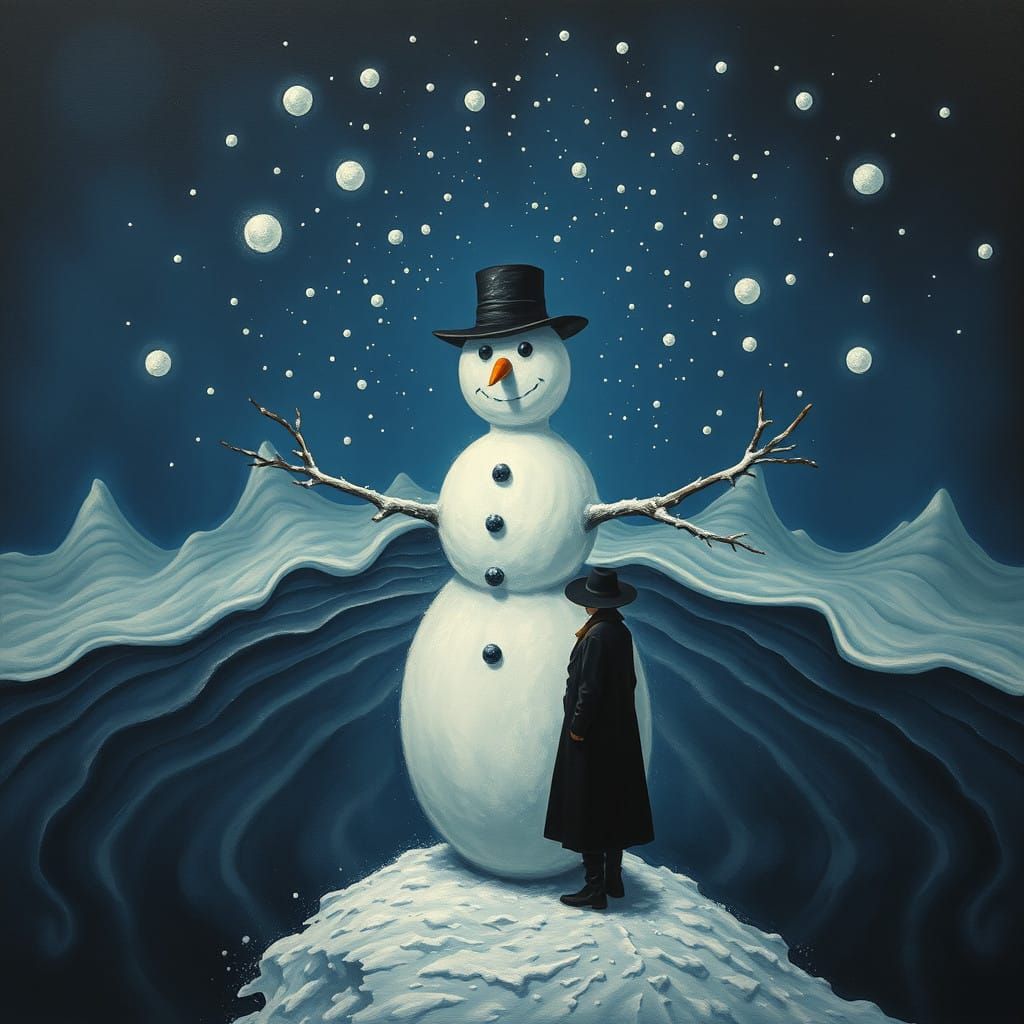 Frozen Figure in Surreal Snowman Landscape