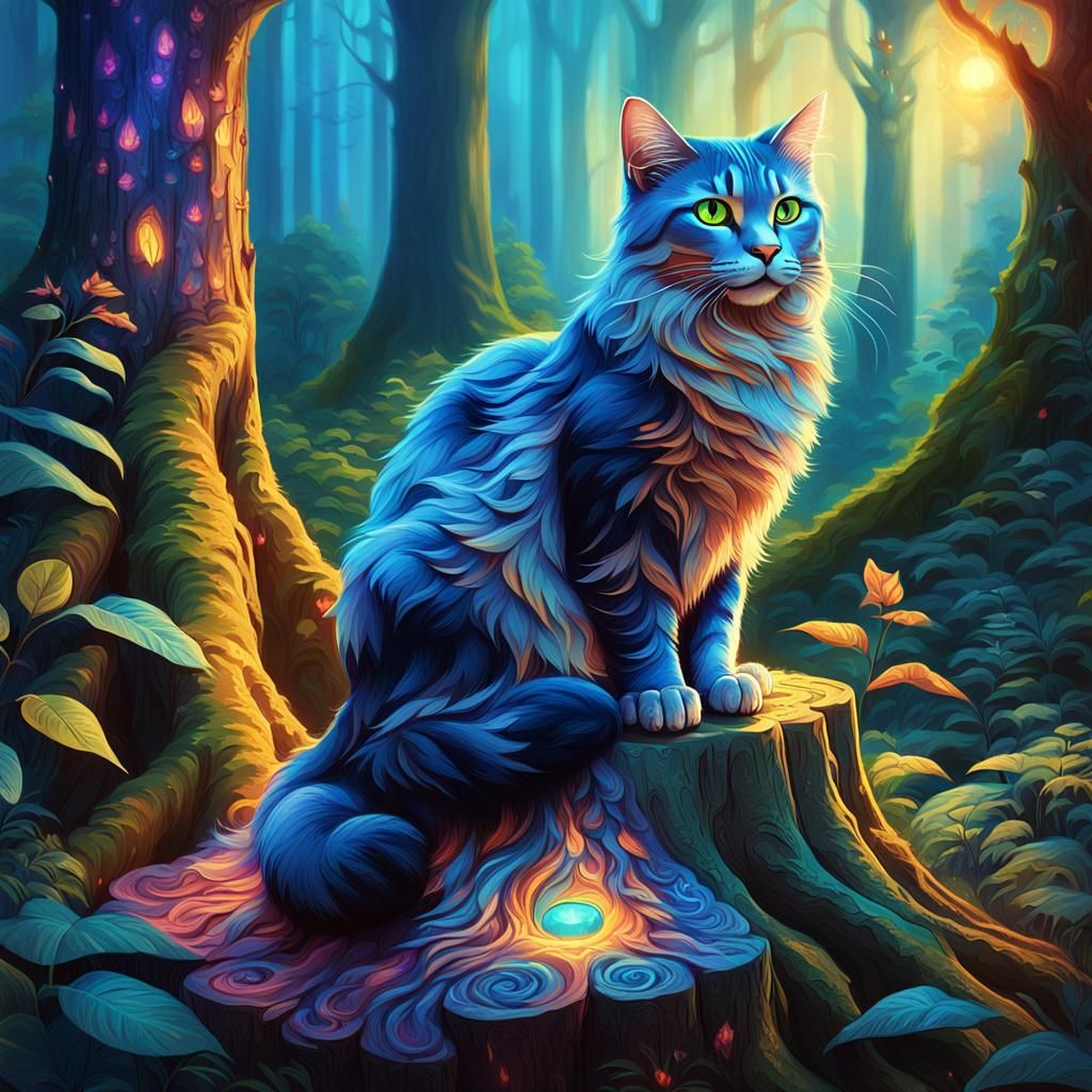 Mystical Cat on Enchanted Tree Stump