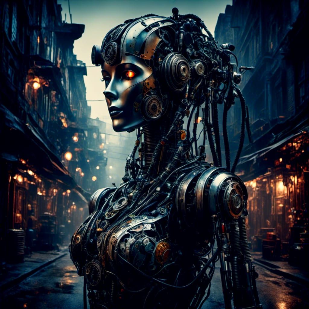 Macabre Biopunk Cyborg in Misty London
