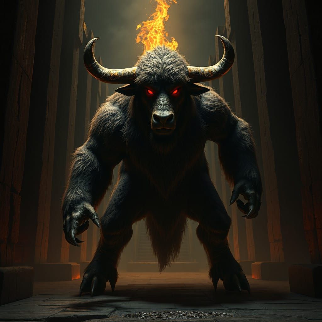 Majestic Minotaur in Dark Labyrinth, Illuminated by Fiery To...
